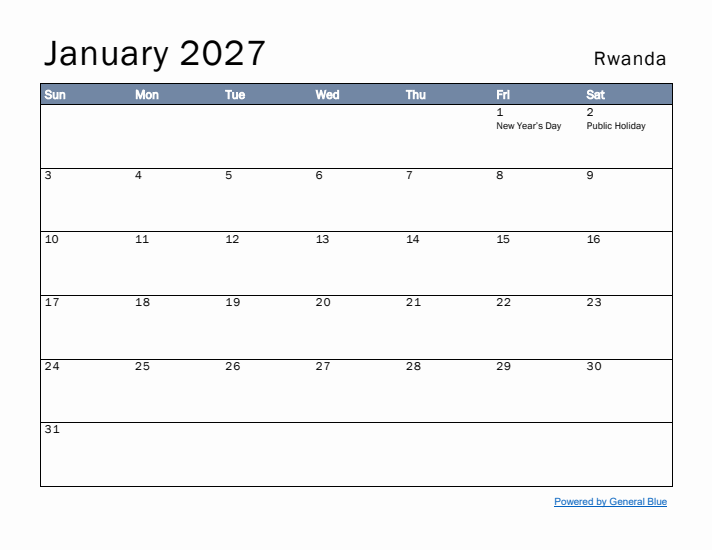 January 2027 Simple Monthly Calendar for Rwanda