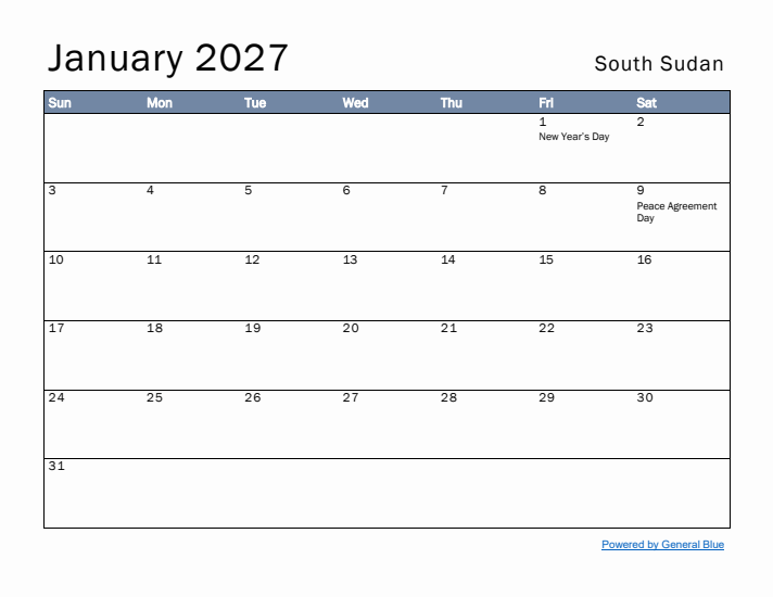 January 2027 Simple Monthly Calendar for South Sudan