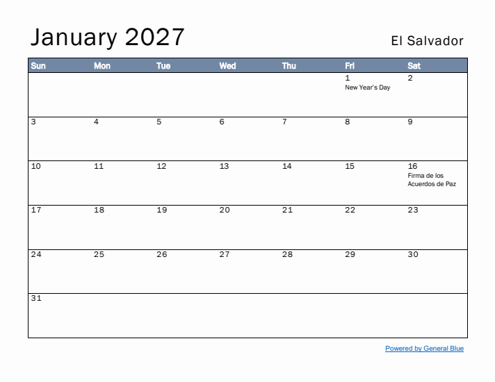 January 2027 Simple Monthly Calendar for El Salvador