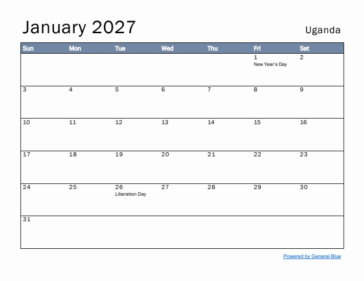 January 2027 Simple Monthly Calendar for Uganda