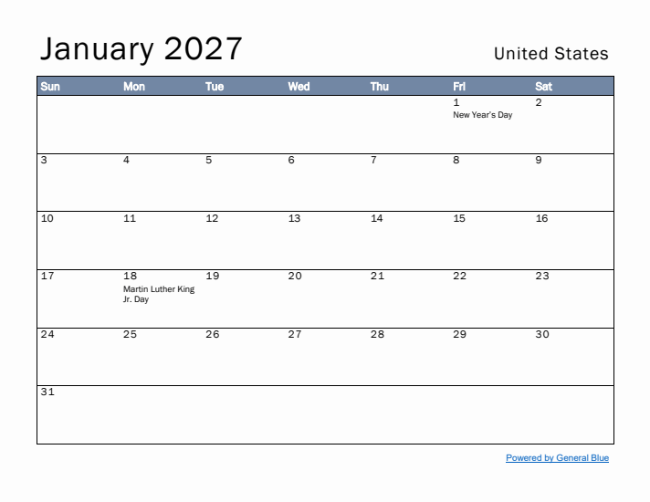 January 2027 Simple Monthly Calendar for United States