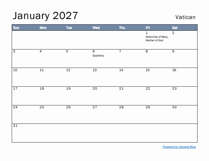 January 2027 Simple Monthly Calendar for Vatican