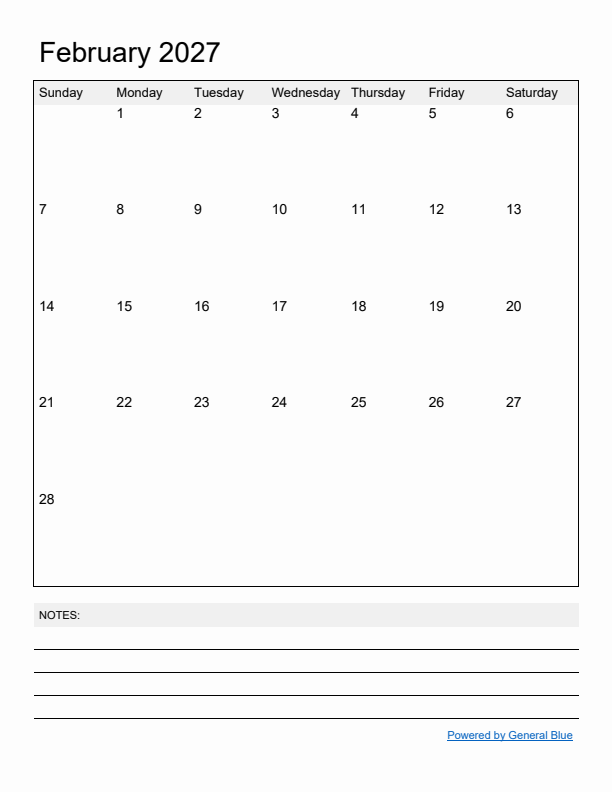 Basic Monthly Calendar Template for February 2027