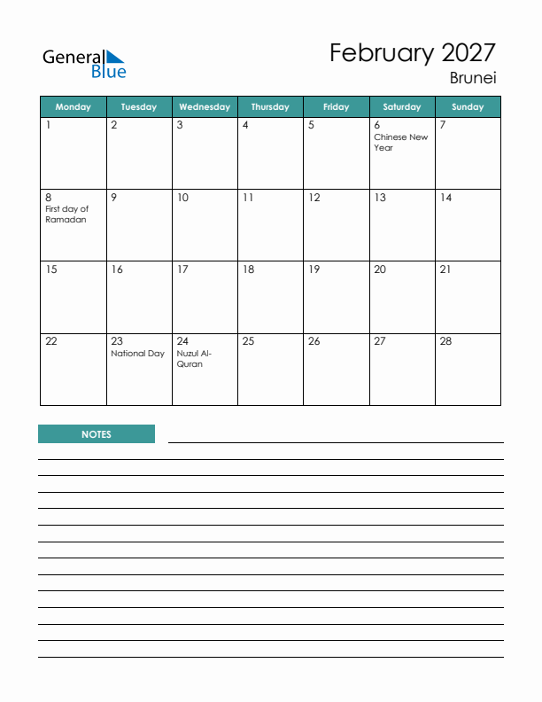 Calendar with Notes Printable - Monday Start