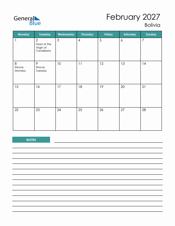 Calendar with Notes Printable - Monday Start