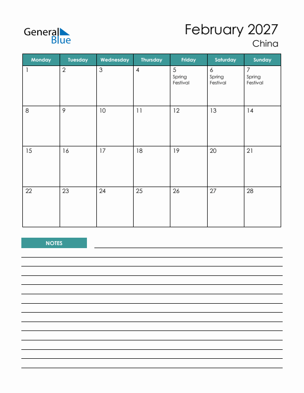 Calendar with Notes Printable - Monday Start