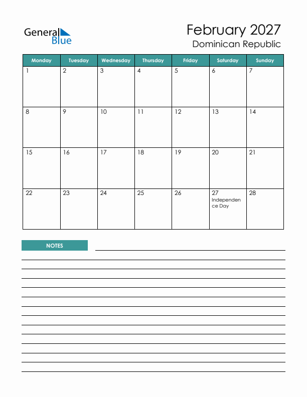 Calendar with Notes Printable - Monday Start