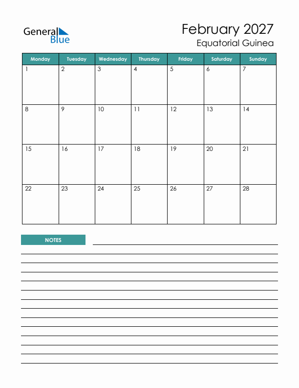 Calendar with Notes Printable - Monday Start