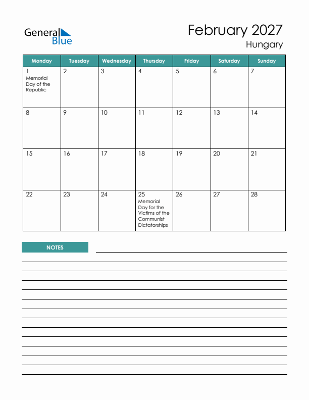 Calendar with Notes Printable - Monday Start