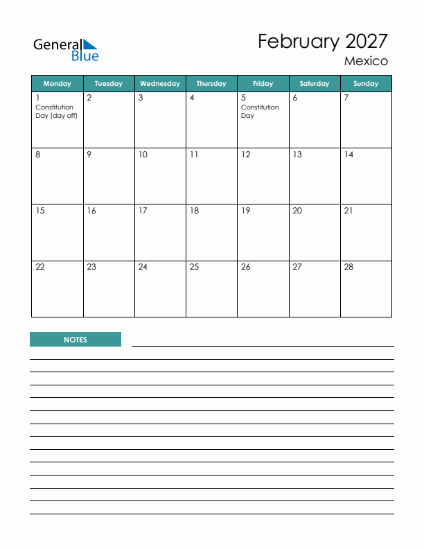 Calendar with Notes Printable - Monday Start