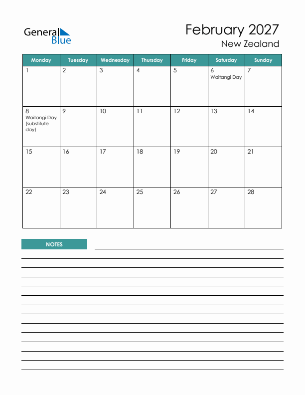 Calendar with Notes Printable - Monday Start