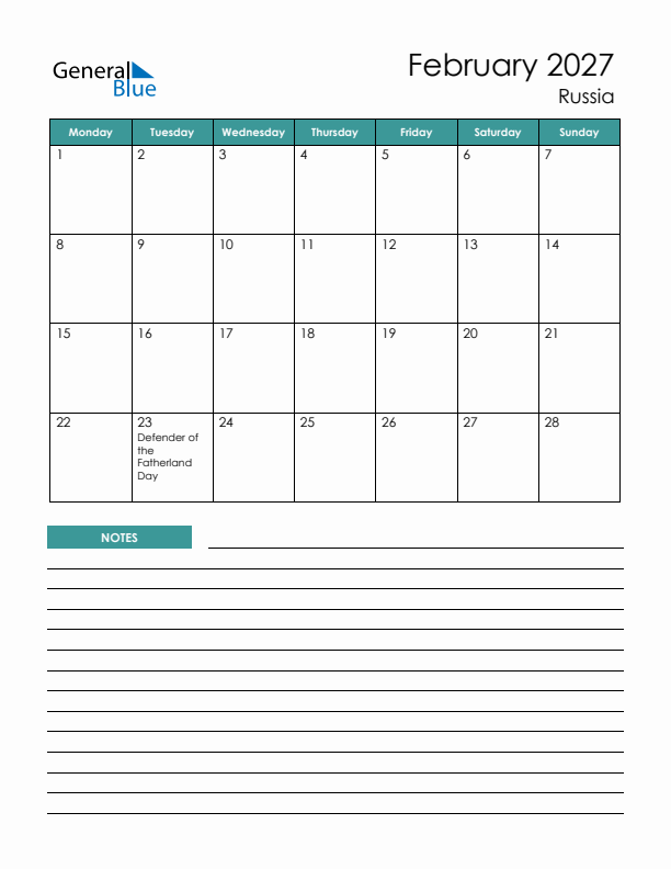 Calendar with Notes Printable - Monday Start