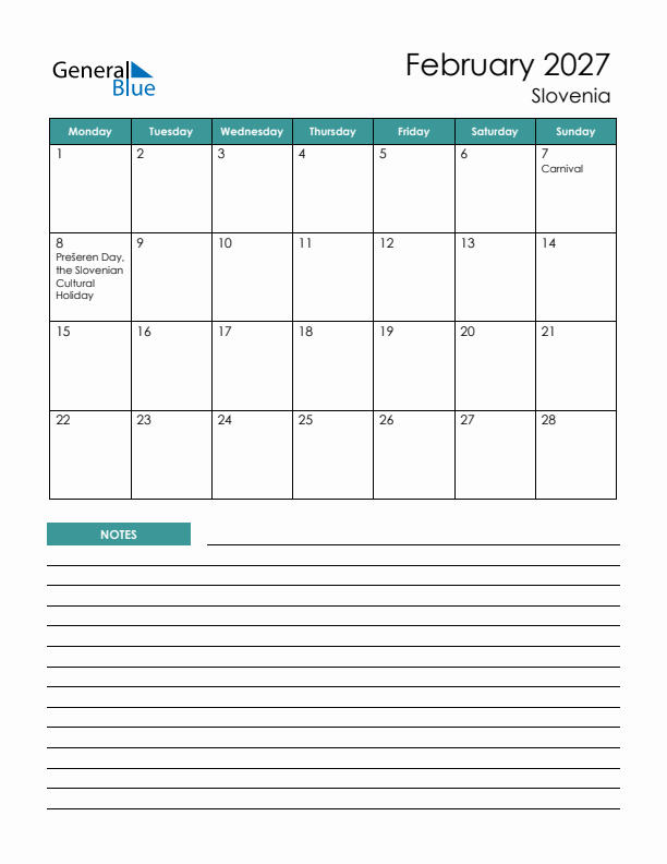 Calendar with Notes Printable - Monday Start