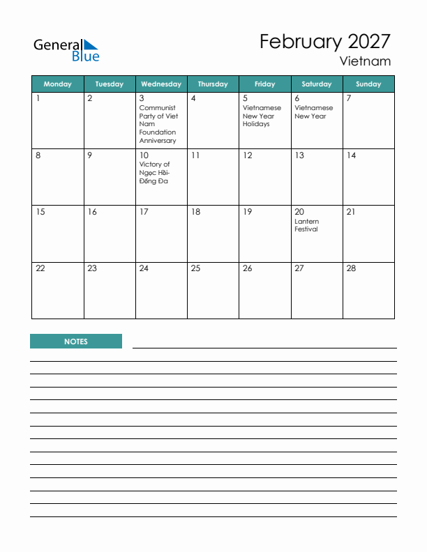 Calendar with Notes Printable - Monday Start