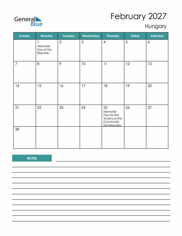 Calendar with Notes Printable - Sunday Start