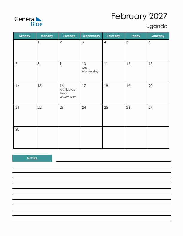 Calendar with Notes Printable - Sunday Start