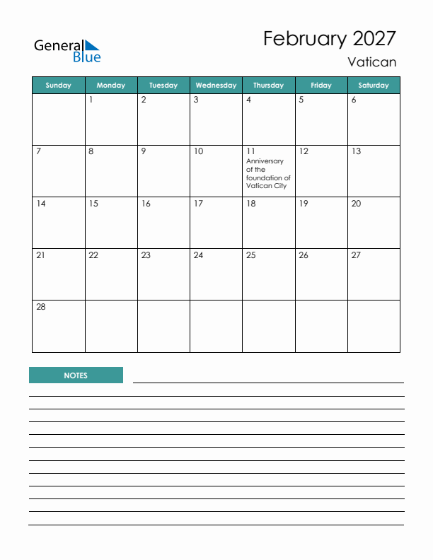 Calendar with Notes Printable - Sunday Start