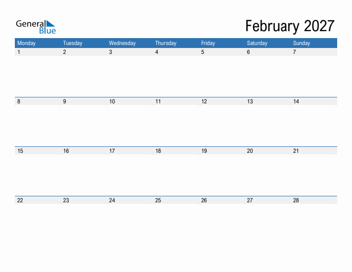 Fillable Calendar for February 2027