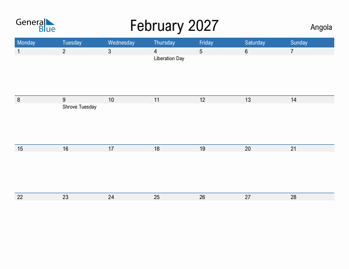 Fillable February 2027 Calendar