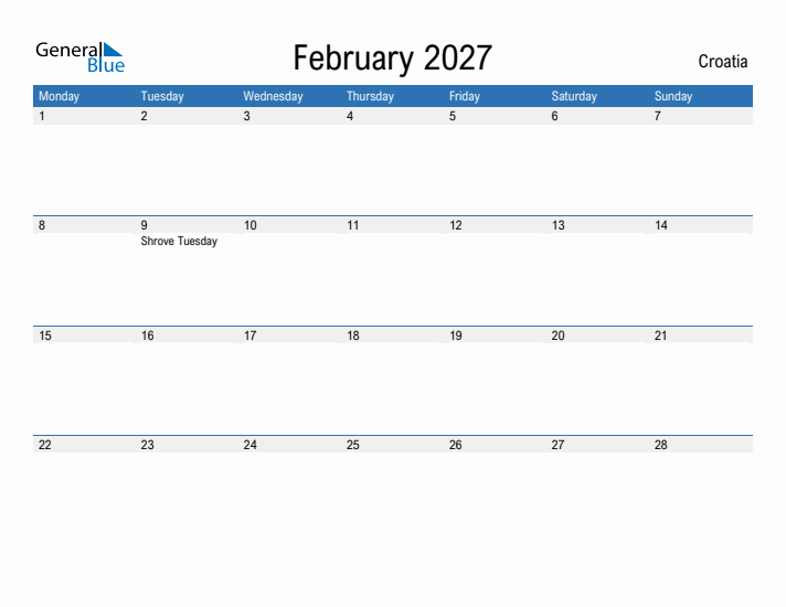 Fillable February 2027 Calendar