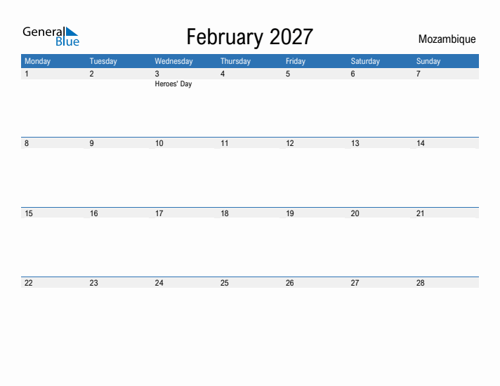 Fillable February 2027 Calendar