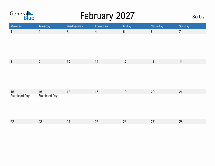 Fillable February 2027 Calendar