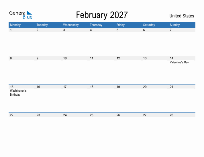 Fillable February 2027 Calendar