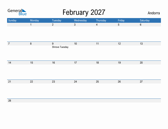 Fillable February 2027 Calendar