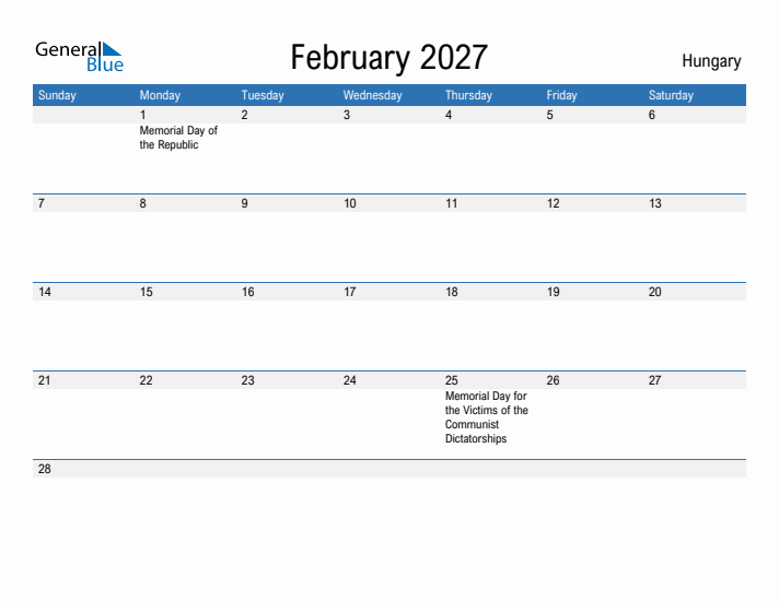 Fillable February 2027 Calendar