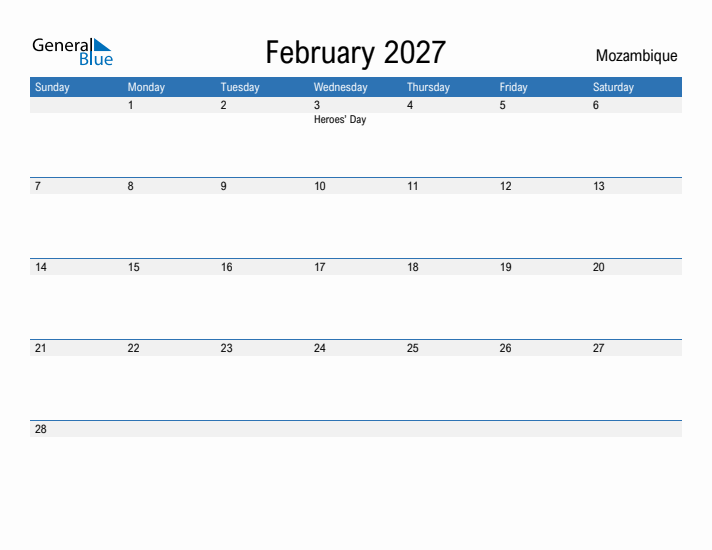 Fillable February 2027 Calendar