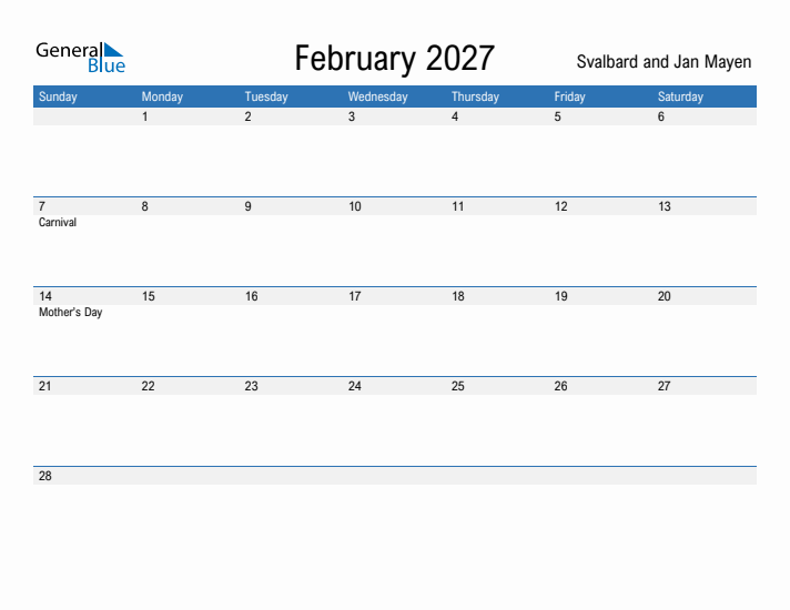 Fillable February 2027 Calendar