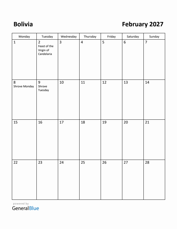 February 2027 Calendar with Bolivia Holidays