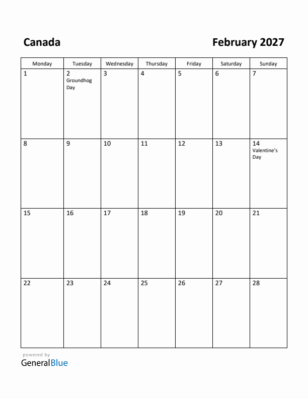 February 2027 Calendar with Canada Holidays