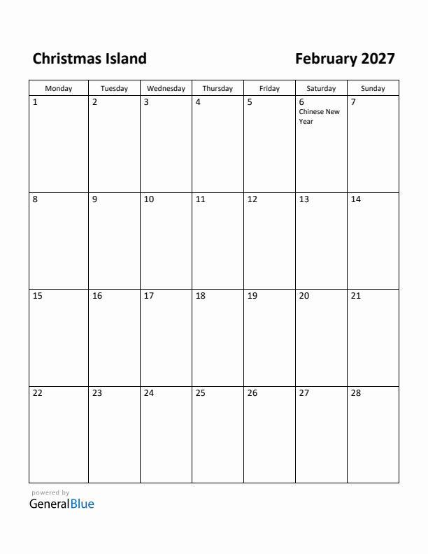 February 2027 Calendar with Christmas Island Holidays