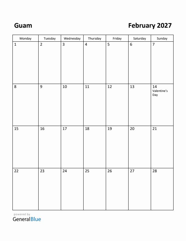 February 2027 Calendar with Guam Holidays