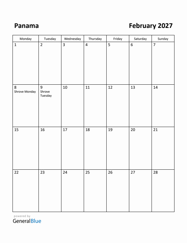 February 2027 Calendar with Panama Holidays