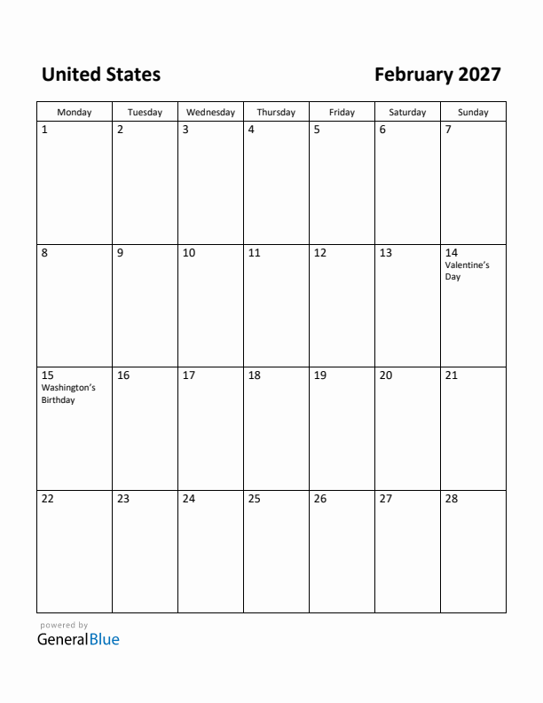 February 2027 Calendar with United States Holidays