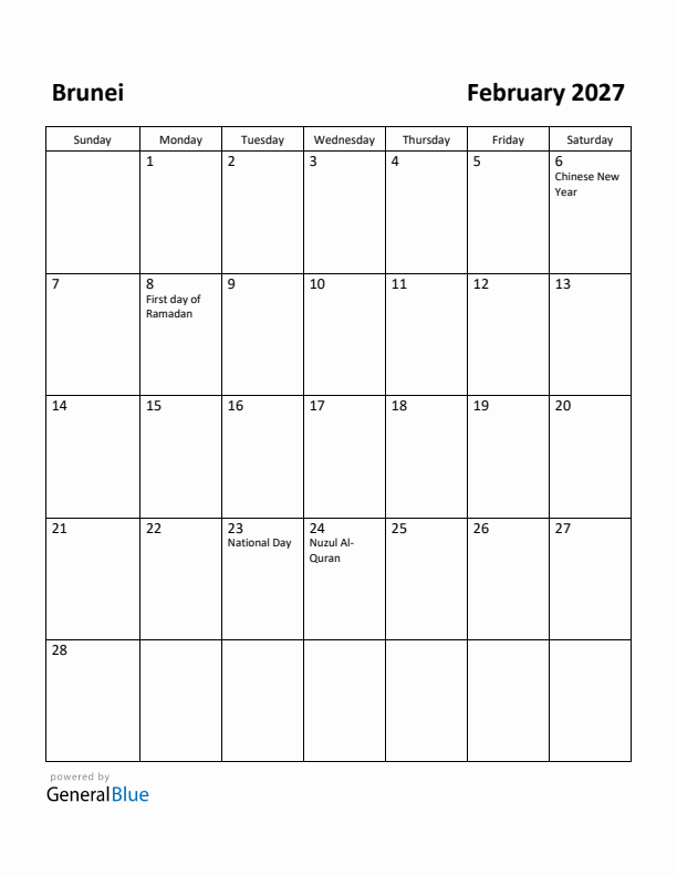 February 2027 Calendar with Brunei Holidays