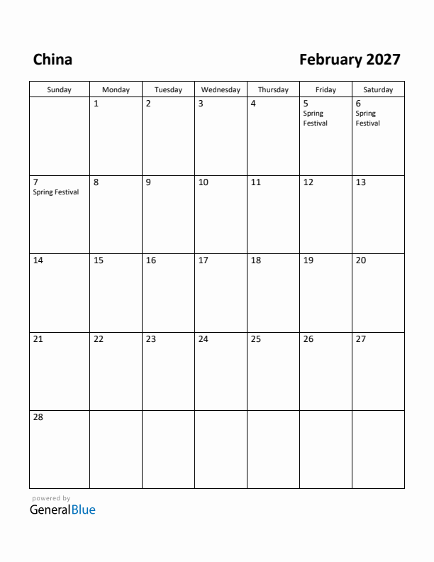 February 2027 Calendar with China Holidays