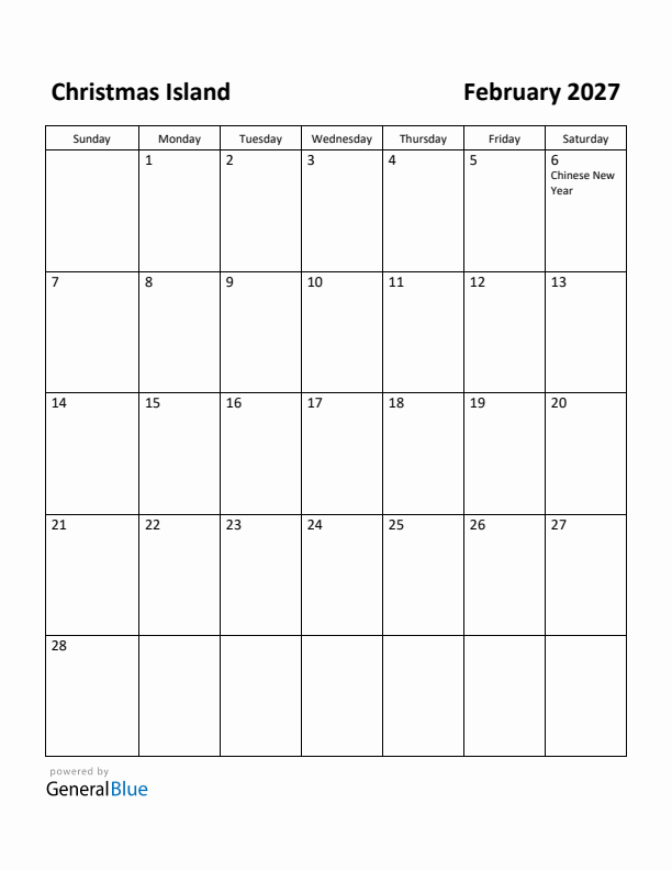 February 2027 Calendar with Christmas Island Holidays