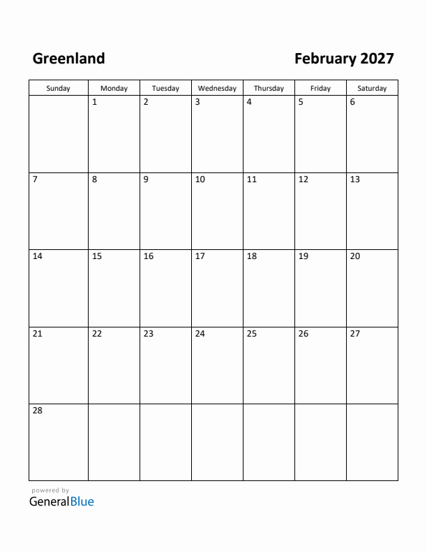 February 2027 Calendar with Greenland Holidays