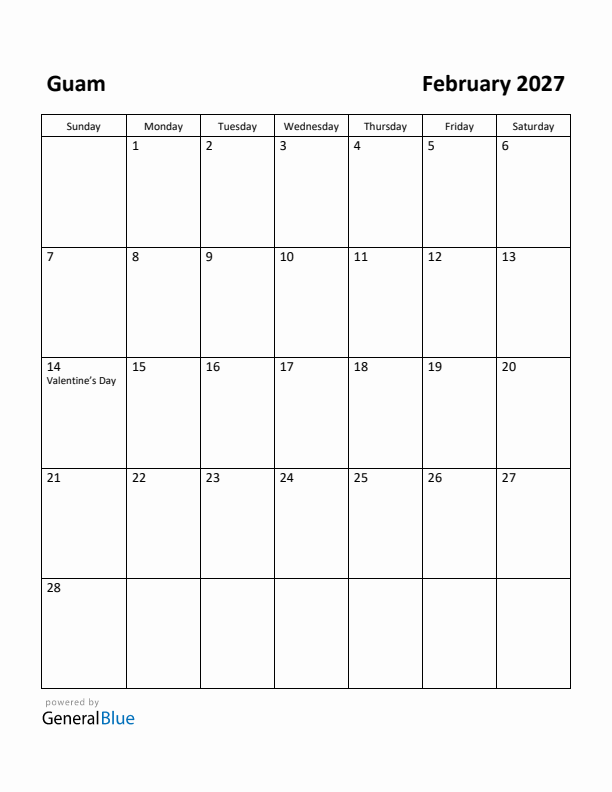 February 2027 Calendar with Guam Holidays