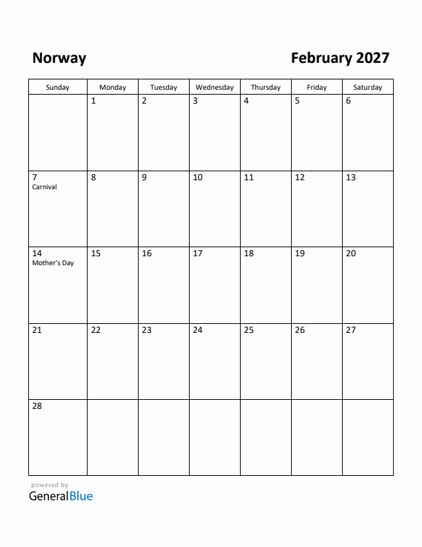 February 2027 Calendar with Norway Holidays