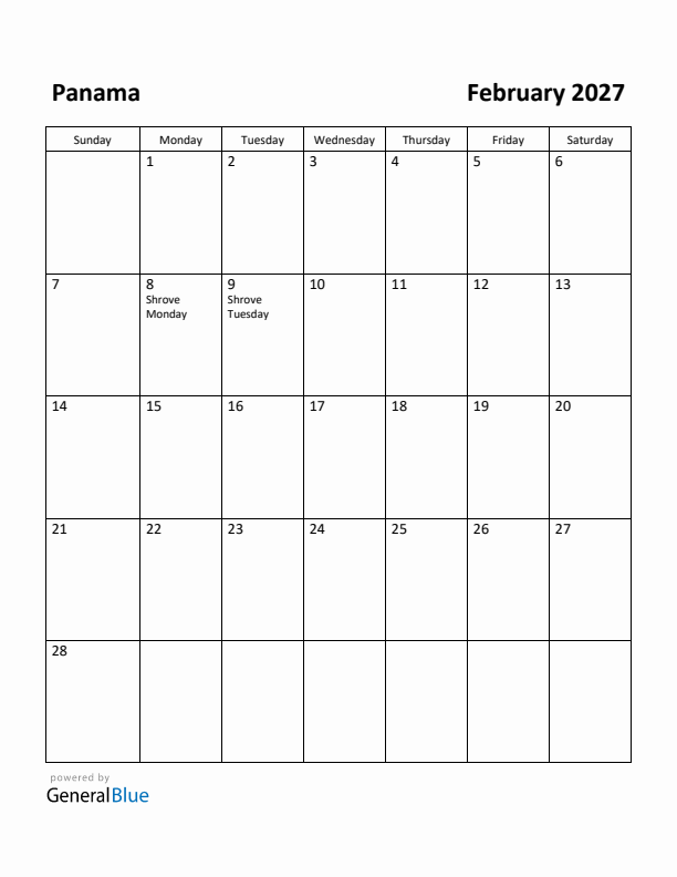 February 2027 Calendar with Panama Holidays