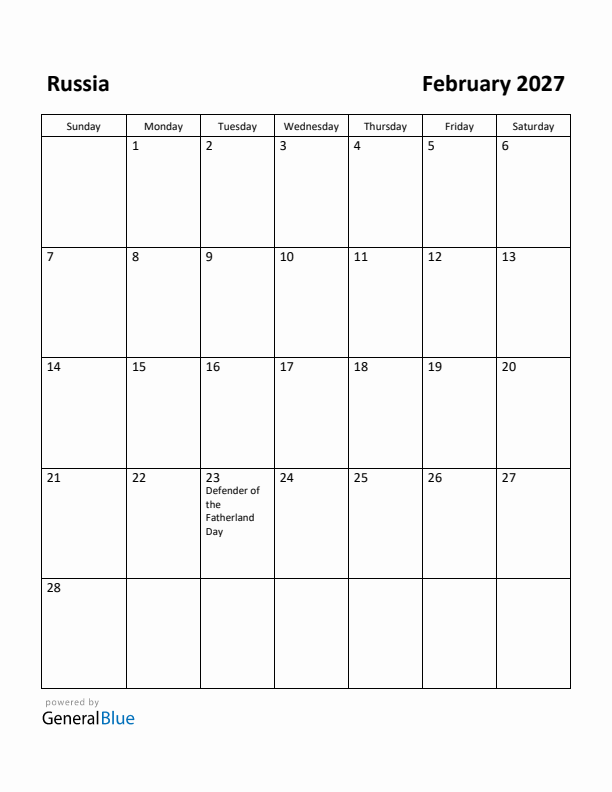 February 2027 Calendar with Russia Holidays