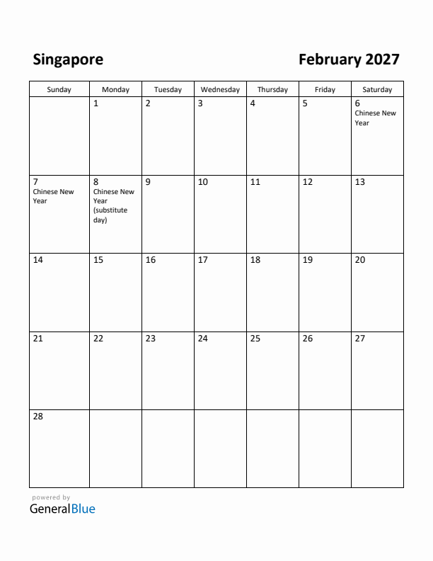 February 2027 Calendar with Singapore Holidays