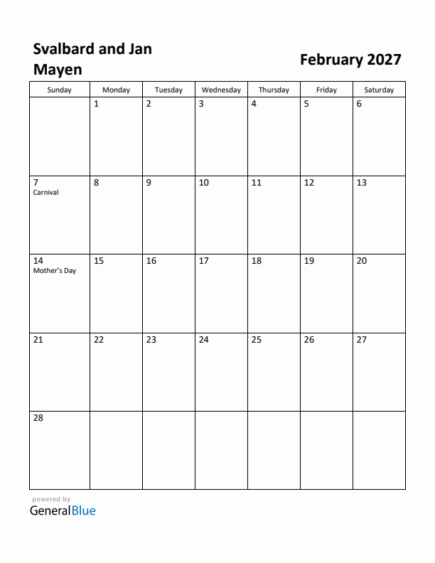 February 2027 Calendar with Svalbard and Jan Mayen Holidays