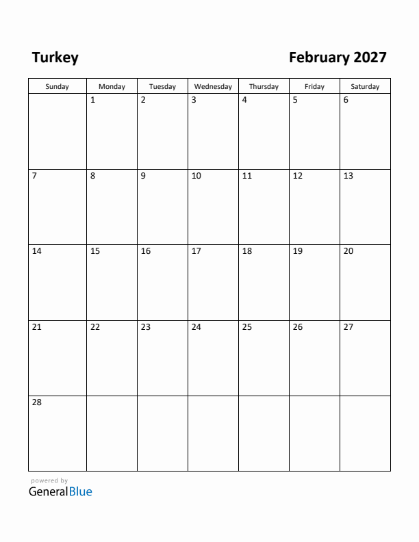 February 2027 Calendar with Turkey Holidays