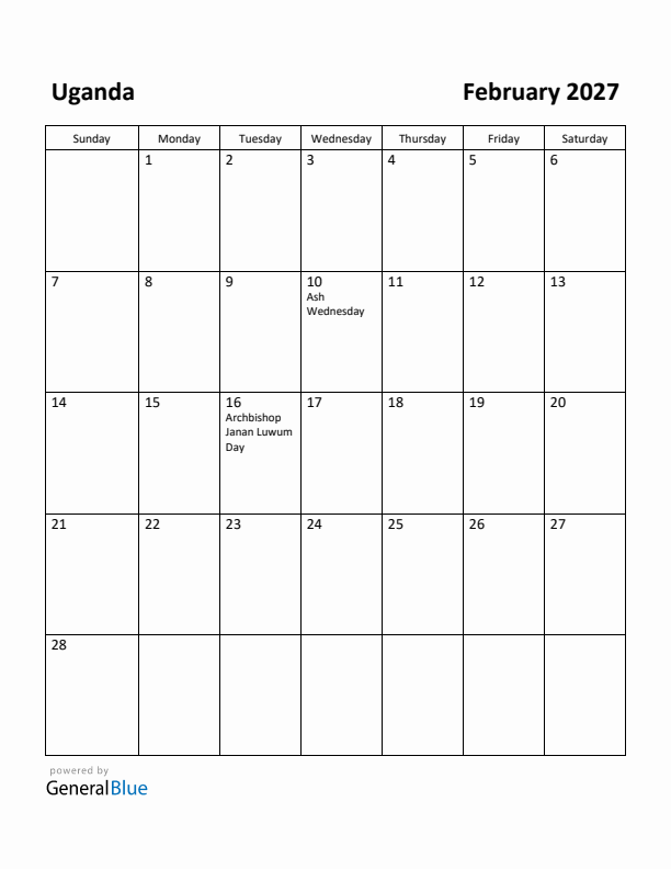 February 2027 Calendar with Uganda Holidays