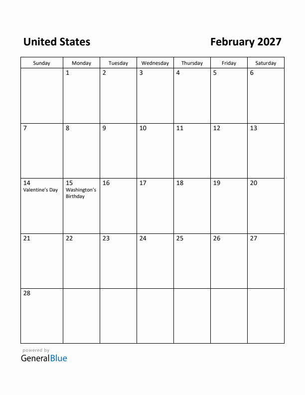 February 2027 Calendar with United States Holidays